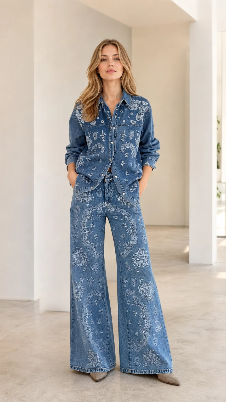 Full front view of woman wearing Classic Blue paisley print denim shirt and wide-leg pants set