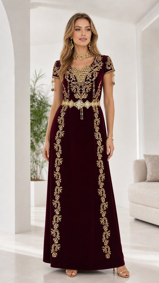 Full front view of model wearing burgundy gold embroidered evening maxi dress