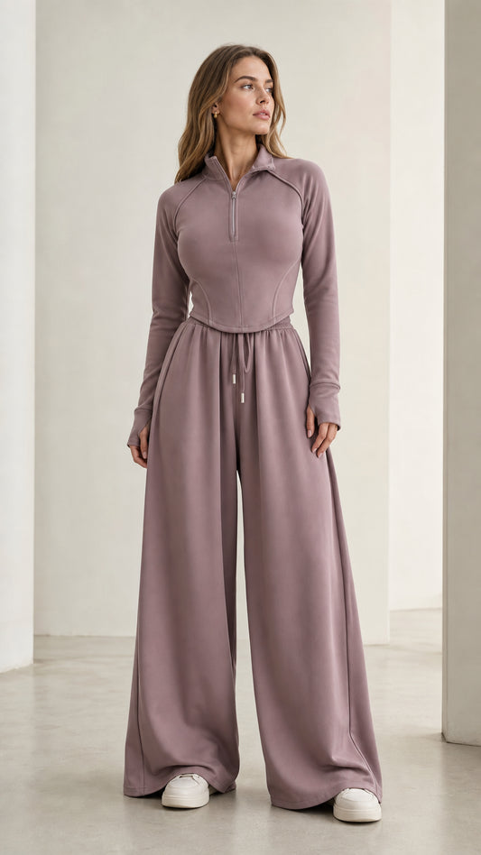 Women's dusty mauve half-zip top and wide-leg lounge pants two-piece set front view