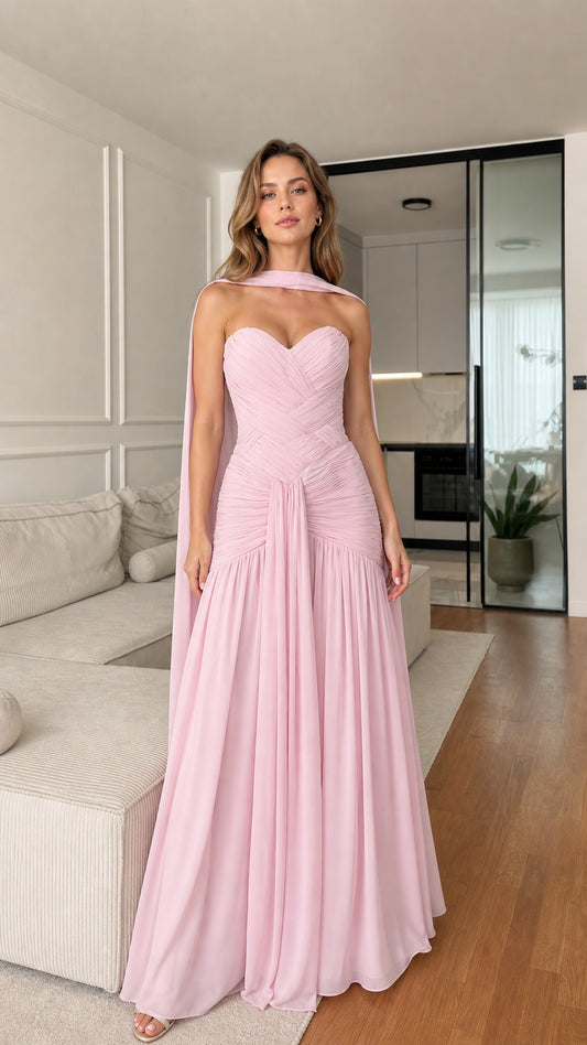 Blush Pink Strapless Sweetheart Ruched Chiffon Maxi Evening Gown Front View