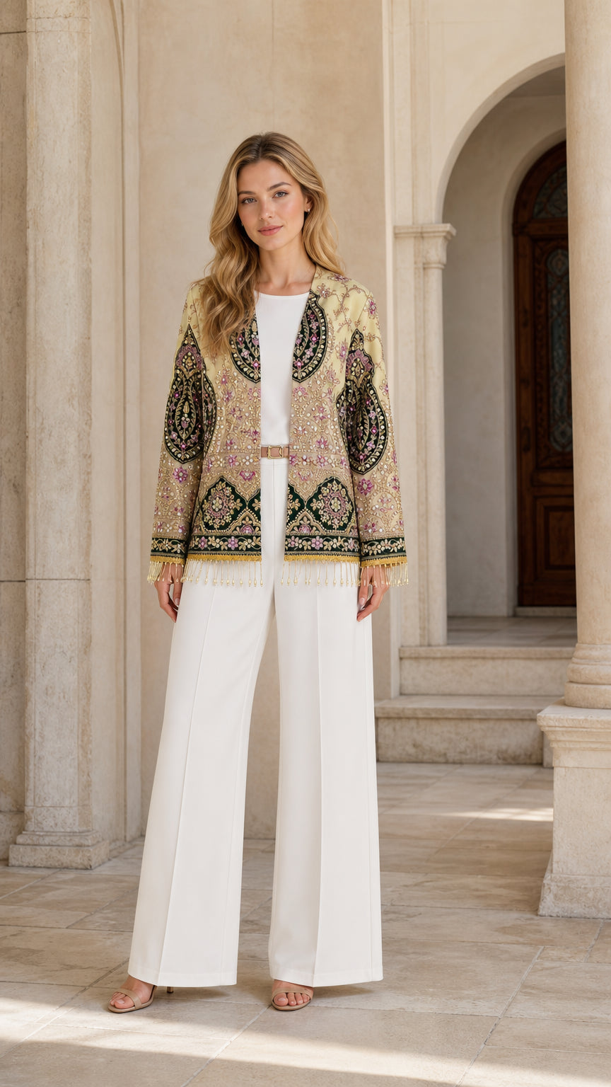 Full front view of Champagne Gold embroidered evening jacket styled with white wide-leg trousers