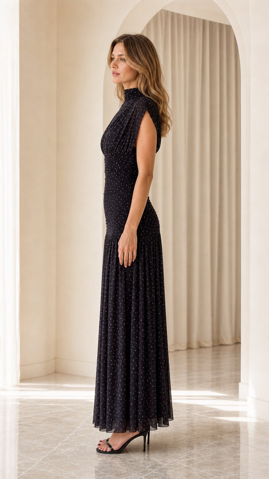 Black high neck sleeveless pleated evening gown side view