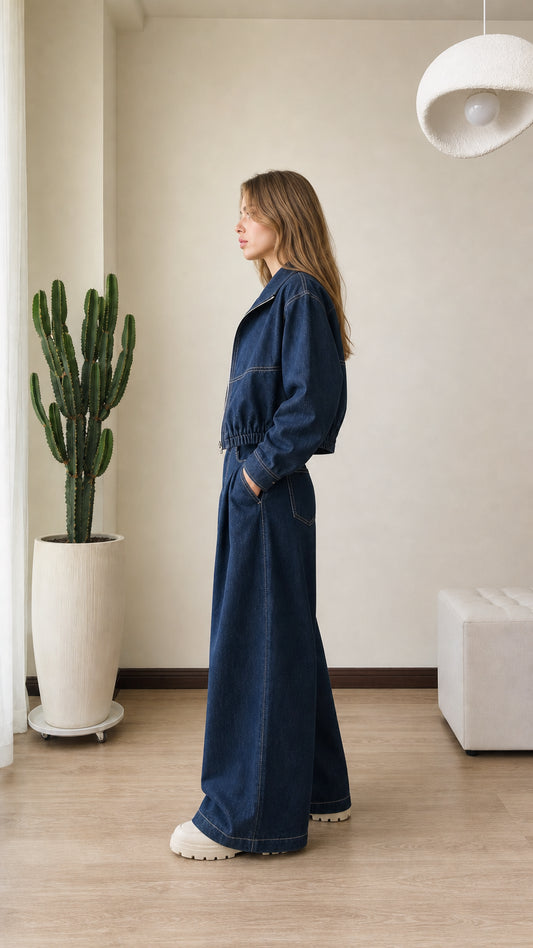Side view of model in indigo blue denim two-piece matching set