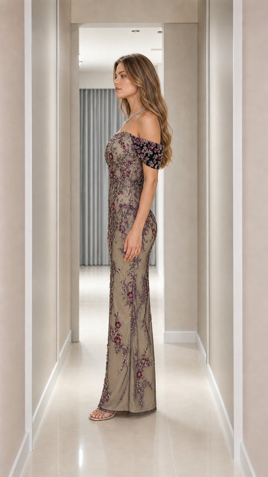 Side profile view of champagne off-the-shoulder embroidered evening dress