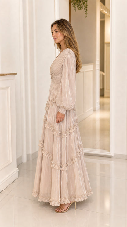 Side profile view of Champagne Beige tiered shimmer evening gown