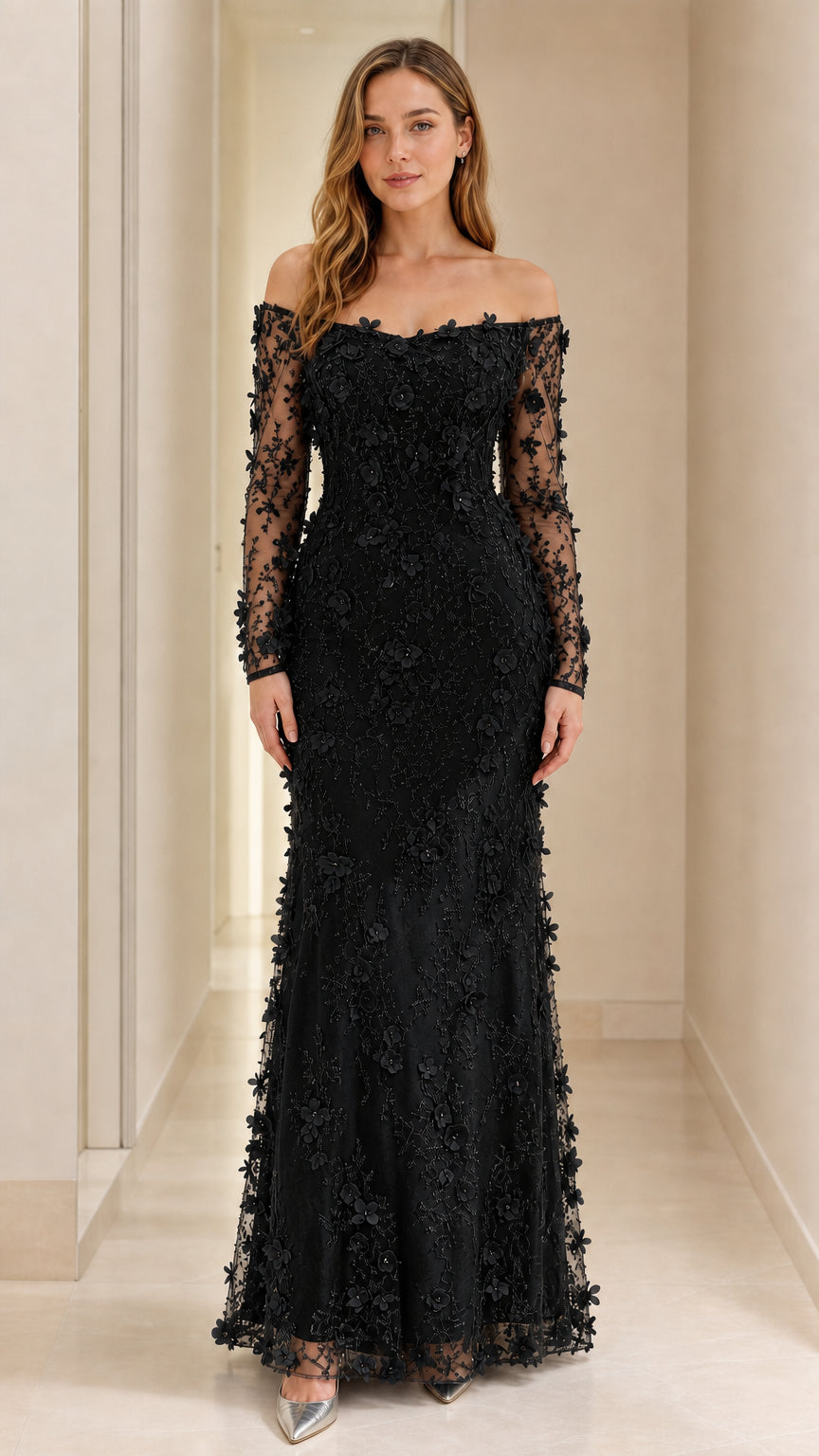Black off-the-shoulder 3D floral applique long sleeve evening gown
