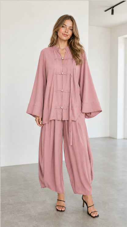 Women's dusty pink two-piece relaxed tunic top and wide lantern pants set